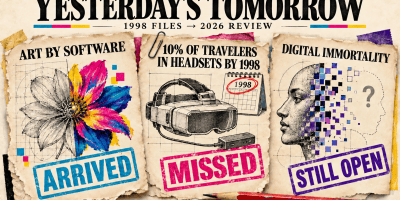 “Yesterday’s Tomorrow” collage: software art marked “Arrived,” 10% of travelers in headsets by 1998 marked “Missed,” and digital immortality marked “Still Open.”