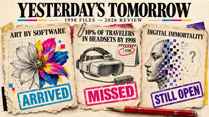 “Yesterday’s Tomorrow” collage: software art marked “Arrived,” 10% of travelers in headsets by 1998 marked “Missed,” and digital immortality marked “Still Open.”