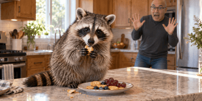 A raccoon snacks on a kitchen island while TK, wearing glasses and a long-sleeved shirt, panics in the background with both hands raised.