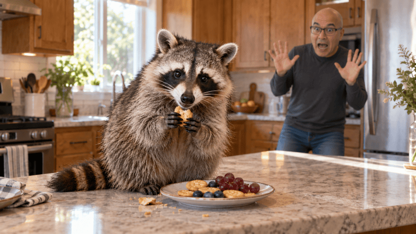 A raccoon snacks on a kitchen island while TK, wearing glasses and a long-sleeved shirt, panics in the background with both hands raised.