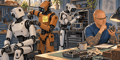 TK examines a mechanical part while robots repair a robot and maintain diagnostic equipment in a sunlit workshop.