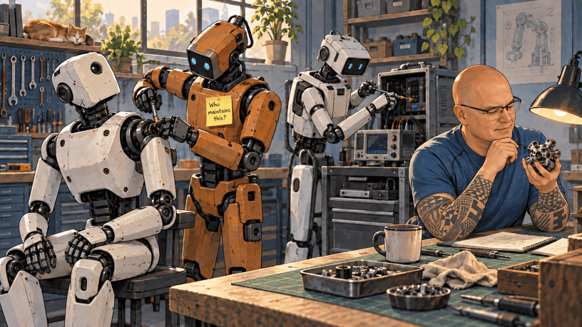 TK examines a mechanical part while robots repair a robot and maintain diagnostic equipment in a sunlit workshop.