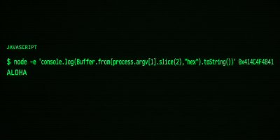 Green terminal displaying a JavaScript command that converts hexadecimal 0x414C4F4841 into the ASCII text ALOHA.
