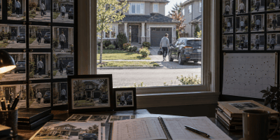 A person leaves home, seen through a window surrounded by photographs of their routine, a marked calendar, and an observation ledger.