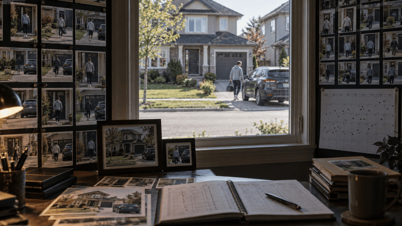A person leaves home, seen through a window surrounded by photographs of their routine, a marked calendar, and an observation ledger.