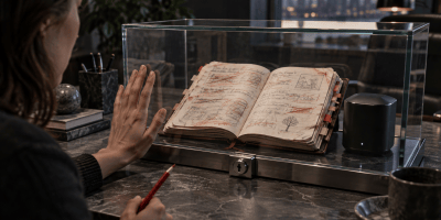 Hands annotate a worn map with a red pencil while part of the map sits beneath a glass enclosure containing an AI device.
