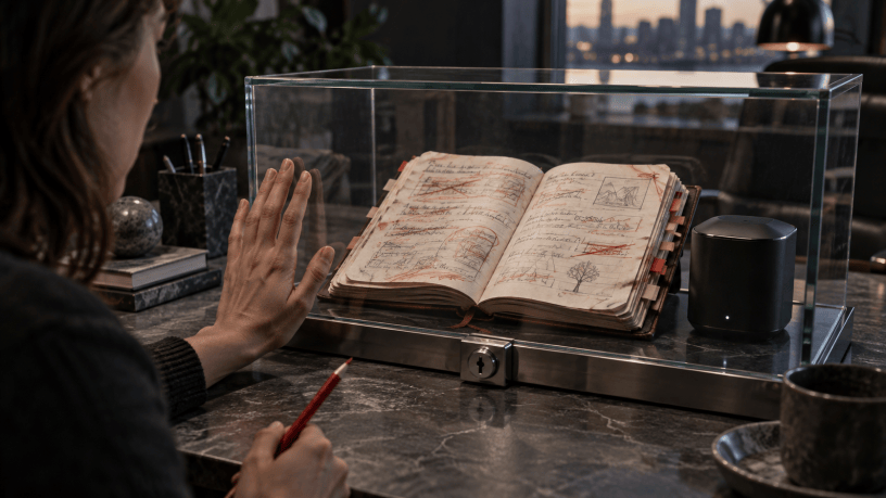 Hands annotate a worn map with a red pencil while part of the map sits beneath a glass enclosure containing an AI device.