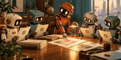 A brass and teal machine copies one document into five, each carrying the same red error mark and a green approval check.