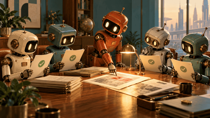 A brass and teal machine copies one document into five, each carrying the same red error mark and a green approval check.