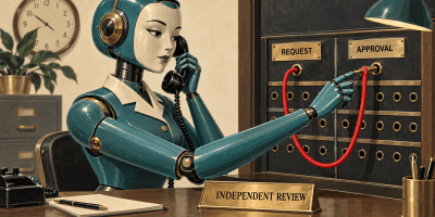 Retro robot telephone operator connects switchboard sockets labeled Request and Approval with a red cord above an Independent Review desk sign.