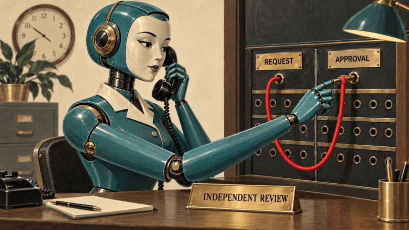 Retro robot telephone operator connects switchboard sockets labeled Request and Approval with a red cord above an Independent Review desk sign.