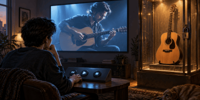 A learner watches a guitar performance while a guitar sits out of reach behind glass.