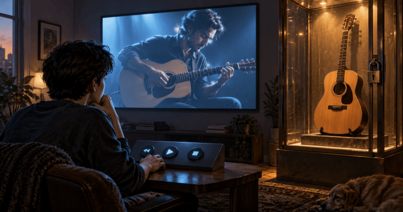 A learner watches a guitar performance while a guitar sits out of reach behind glass.