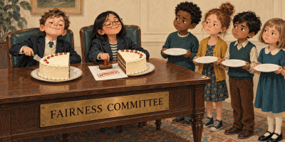 Two children at a Fairness Committee desk approve taking half a cake each while four other children wait with empty plates.