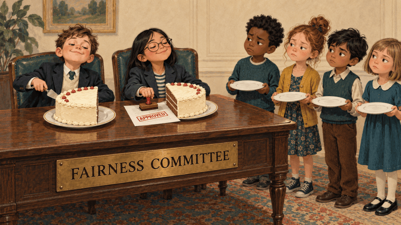 Two children at a Fairness Committee desk approve taking half a cake each while four other children wait with empty plates.